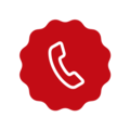 Crvena telefonska slušalica na bijeloj pozadini unutar okruglog bedža.